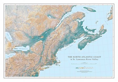 Saint Lawrence River On Map North Atlantic And St Lawrence River Valley Elevation Tints Map | Fine Art  Print Map