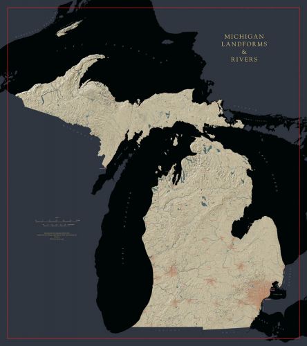 Michigan Landforms And Rivers Map Fine Art Print Maps