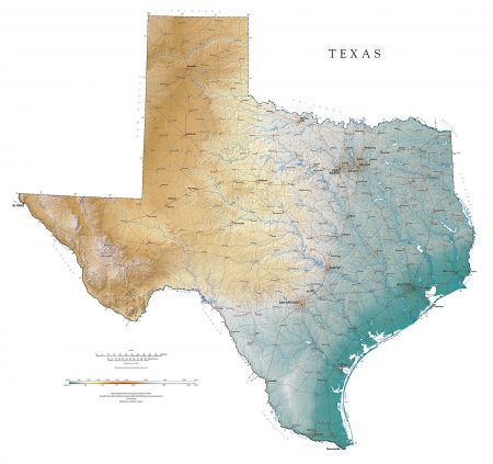 Texas Elevation Tint Map - mountains and basins texas map